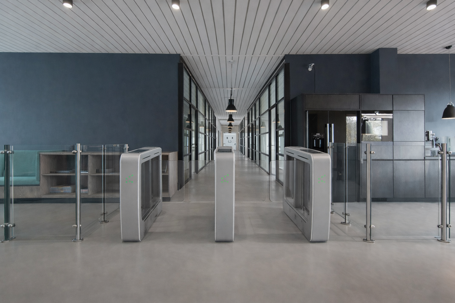 modern office lobby security gate installation – final render